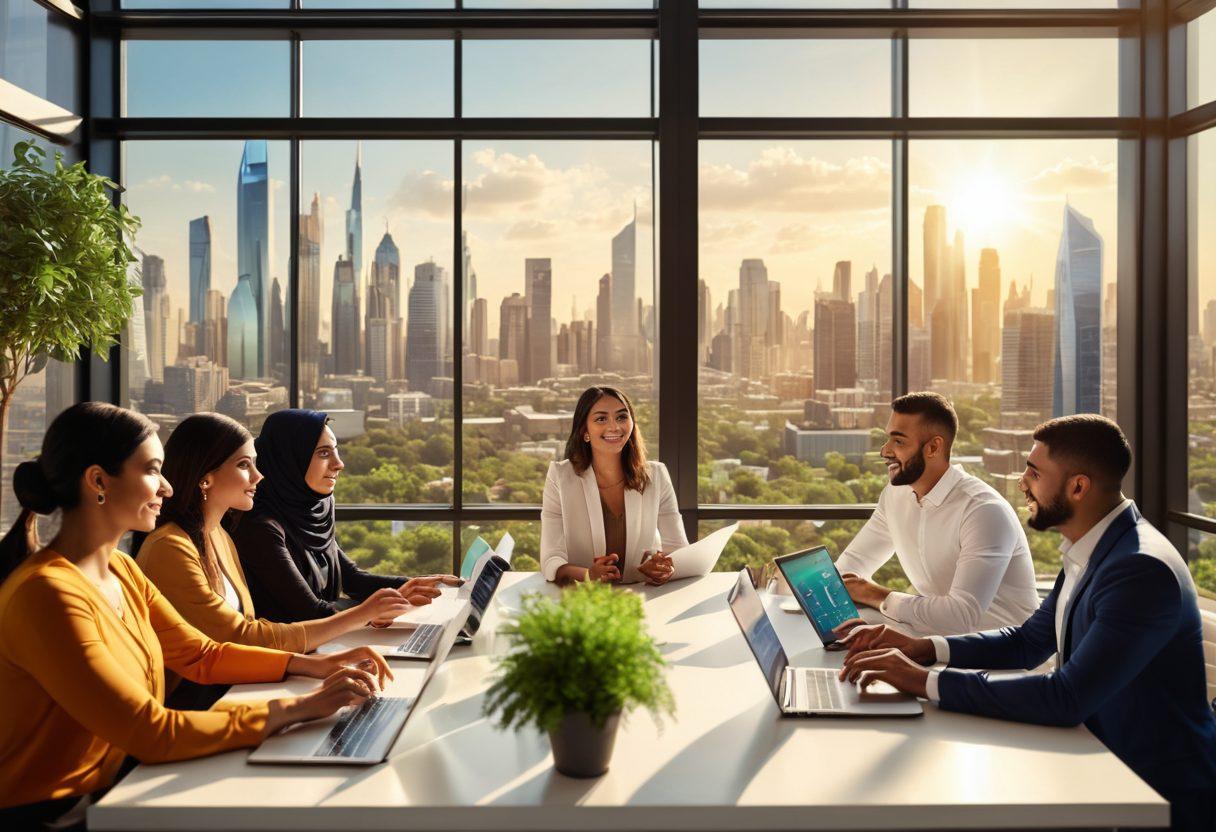 A diverse group of Arab American entrepreneurs collaborating at a modern workspace, surrounded by greenery and digital screens showcasing business growth statistics. Hands are reaching out towards each other, symbolizing connection and support, with a backdrop of city skyline suggesting growth and opportunity. Bright sunlight filtering through large windows, creating an inviting atmosphere. super-realistic. vibrant colors. 3D.