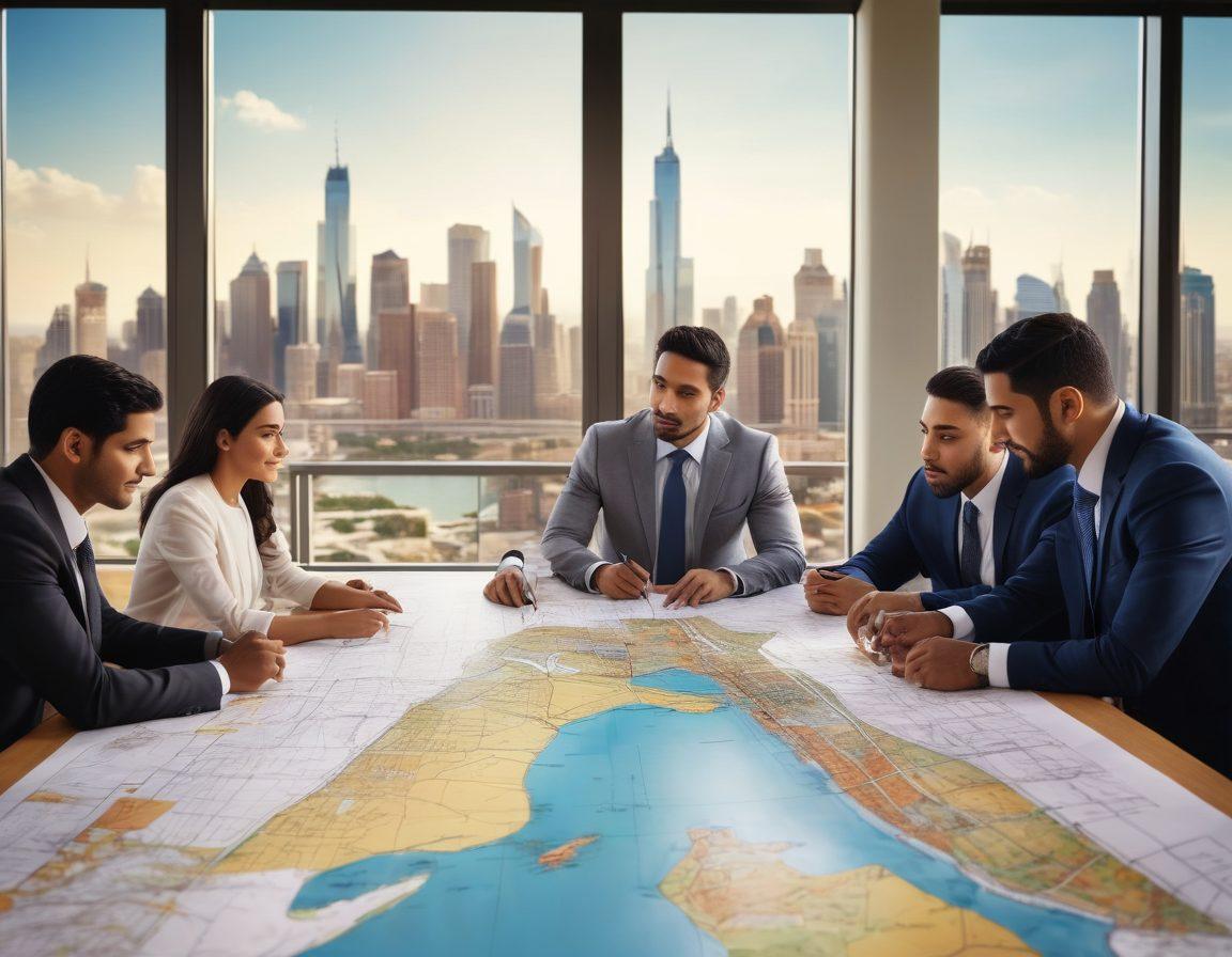 A diverse group of Arab American business professionals collaborating at a modern conference table, with blueprints of bridges and maps of global trade routes spread out in front of them. In the background, large windows showcase a city skyline representing a thriving business hub. Warm, inviting colors to symbolize connection and opportunity. super-realistic. vibrant colors.