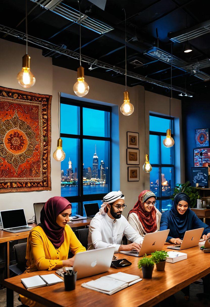 A dynamic scene showcasing a diverse group of Arab American entrepreneurs collaborating in a modern workspace filled with laptops, charts, and cultural elements like traditional textiles and spices. Vibrant colors highlight their passion and innovation, while symbols of commerce like lightbulbs and dollar signs float around them. The background features a skyline representing urban growth and opportunity. brimming with energy and creativity. super-realistic. vibrant colors. 3D.